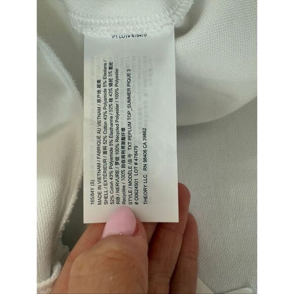 NWT THEORY Cotton Blend Piqué Peplum Top - White - Picture 10 of 12